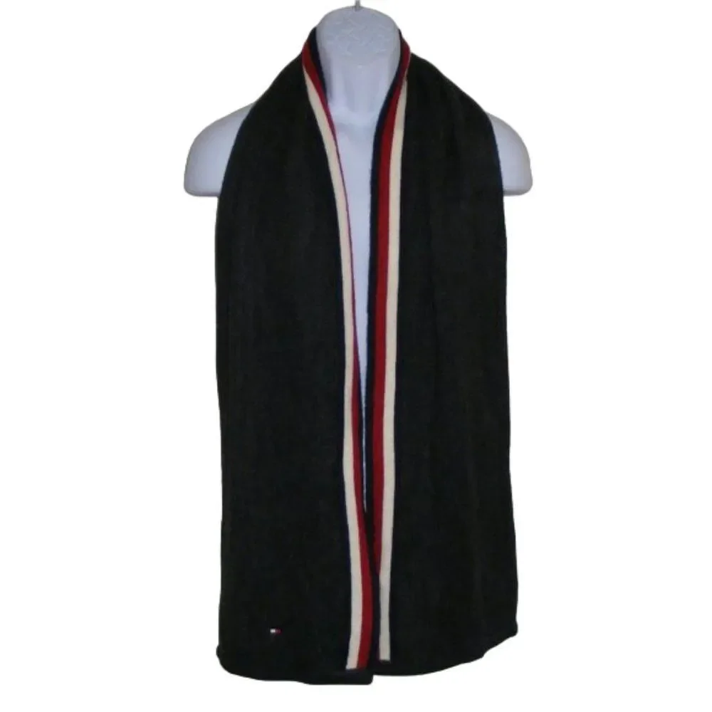 TOMMY HILFIGER Scarf, Charcoal Gray Acrylic, Red/White Stripe accent, Bar logo